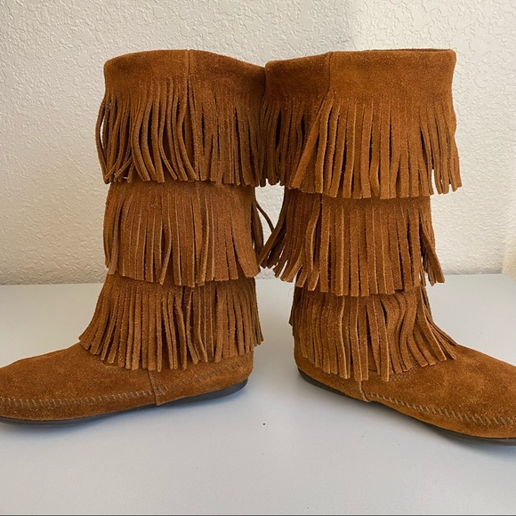 Minnetonka 3 Layer Fringe Brown Suede Boots boho - Picture 7 of 12